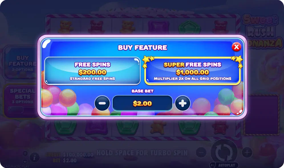 Bonusaankoopfunctie in het spel Sweet Rush Bonanza